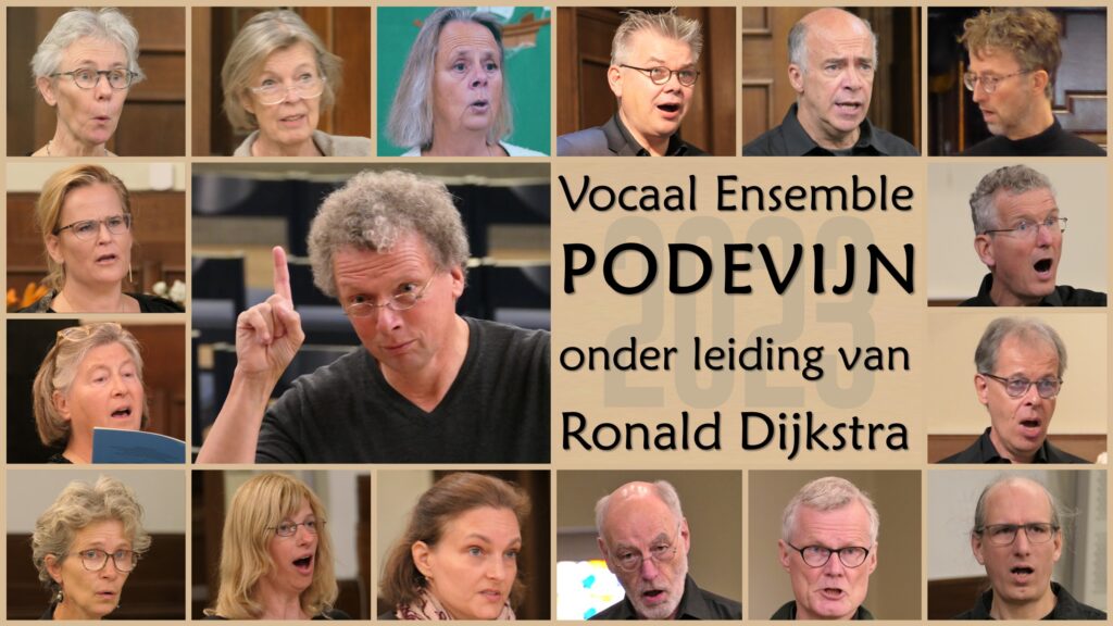 Mozaiek met gezichten van de zangers en dirigent van Podevijn